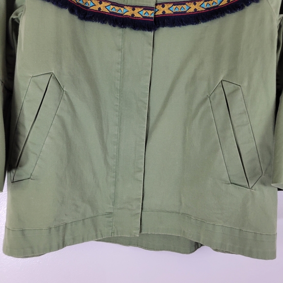 ZARA green cotton twill bell sleeve tribal southwest fringe trim zip jacket - Picture 4 of 14
